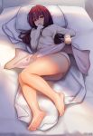  1girl absurdres bare_legs barefoot bed bed_sheet breasts covered_nipples dress fate/grand_order fate_(series) feet full_body highres large_breasts legs long_hair looking_at_viewer ninainaidesss no_bra no_panties pillow purple_hair red_eyes scathach_(fate)_(all) scathach_(fate/grand_order) shade soles sweater sweater_dress toes 
