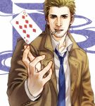 1boy blonde_hair blue_eyes cang_fade card cigarette constantine facial_hair highres john_constantine male_focus necktie playing_card red_neckwear smoking solo stubble trench_coat 