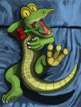  absurd_res alligator alligatorid anonymous_artist anthro argyle_alligator bedding bedroom_setting crocodilian flower hi_res huge_filesize male open_mouth paws plant presenting reptile rose_(flower) scalie solo 