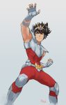  1boy armor armpits breastplate brown_eyes brown_hair circlet clenched_hand closed_fan closed_mouth covered_abs fan fighting_stance fingernails folding_fan gauntlets gradient gradient_background hair_between_eyes light_smile male_focus muscle ozkh pauldrons pegasus_seiya saint_seiya shoulder_armor signature smile solo 