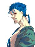  1boy alternate_costume beads blue_hair closed_mouth cu_chulainn_(fate)_(all) don_(sjag3855) earrings fang fate/stay_night fate_(series) from_side grin hair_beads hair_ornament highres jacket jewelry lancer long_hair looking_at_viewer male_focus open_clothes open_jacket ponytail red_eyes simple_background smile solo spiked_hair type-moon white_background 
