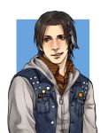  1boy big_nose brown_hair cang_fade delsin_rowe denim_vest feathers hair_feathers hood hoodie infamous_second_son male_focus no_hat no_headwear smile solo vest 