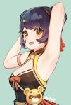  1girl absurdres arm_up armpits bare_shoulders breasts cleavage double_bun genshin_impact guoba_(genshin_impact) hair_bun hair_ornament hairclip highres looking_at_viewer open_mouth shiliuyexiaohei sleeveless small_breasts solo sweat upper_body xiangling_(genshin_impact) yellow_eyes 