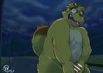  2020 anthro belly brown_body brown_fur canid canine detailed_background erection eyewear fur genitals glasses hi_res kemono kounosuke_(morenatsu) male mammal mesidukainumaru morenatsu night nipples outside overweight overweight_anthro overweight_male penis raccoon_dog solo tanuki tongue tongue_out video_games visual_novel 