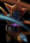  autumn_(o-tamutamu) black_background blurry blurry_foreground creature deoxys deoxys_(attack) gen_3_pokemon glowing highres looking_at_viewer mythical_pokemon no_humans pokemon pokemon_(creature) red_eyes simple_background 