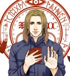 1boy blonde_hair cang_fade facial_hair green_eyes halo_of_the_sun hand_on_own_chest hand_up long_hair magic_circle male_focus red_paper silent_hill silent_hill_4 solo stubble walter_sullivan 