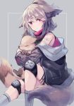  1girl animal animal_ears arknights bandaid bandaid_on_shoulder bangs black_jacket cutter_(arknights) floppy_ears fox fox_ears fox_girl fox_tail grey_hair hair_ornament half_updo highres holding holding_animal jacket knee_pads long_sleeves looking_at_viewer off_shoulder open_clothes open_jacket red_eyes red_shirt sasa_onigiri shirt short_hair sleeveless sleeveless_shirt solo tail x_hair_ornament 