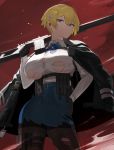  1girl absurdres bangs belt black_gloves black_jacket black_legwear blonde_hair blue_belt blue_eyes blue_neckwear blue_skirt breasts collared_shirt commentary cowboy_shot eyebrows_visible_through_hair girls_frontline gloves gun hair_between_eyes hair_ornament hand_on_hip highres holding holding_gun holding_weapon hood_(james_x) id_card jacket jacket_on_shoulders large_breasts long_sleeves looking_at_viewer magazine_(weapon) mole mole_under_eye neck_ribbon over_shoulder pantyhose red_background ribbon shirt shirt_tucked_in short_hair sidelocks skindentation skirt snowflake_hair_ornament solo standing striped striped_neckwear thigh_pouch thighband_pantyhose torn_clothes torn_legwear torn_shirt torn_skirt underboob underbust vsk-94 vsk-94_(girls_frontline) walkie-talkie weapon weapon_over_shoulder white_shirt 