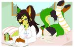  2020 4_toes 5_fingers anthro black_hair blue_eyes breasts canid canine canis clothed clothing digital_media_(artwork) domestic_dog eyebrows eyelashes female fingers fish_plushie fur green_body green_fur hair mammal smile solo toes wolflady writing_(disambiguation) 