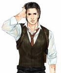  1boy black_hair cang_fade facial_hair hand_in_hair highres holster male_focus necktie sebastian_castellanos see-through shoulder_holster solo stubble the_evil_within vest waistcoat wet wet_clothes wet_hair 
