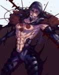  1boy abs angry blue_hair bodypaint bulge cape closed_mouth cowboy_shot cu_chulainn_(fate)_(all) cu_chulainn_alter_(fate/grand_order) dark_blue_hair dark_persona detached_hood don_(sjag3855) earrings elbow_gloves facepaint fate/grand_order fate_(series) fur-trimmed_cape fur_trim gae_bolg gloves highres hood hood_up jewelry long_hair looking_at_viewer male_focus monster_boy muscle pants pectorals ponytail red_eyes shirtless simple_background skin_tight solo spikes tail type-moon 