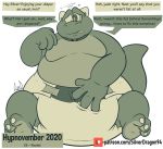  2020 3_toes 4_fingers anthro belly big_belly big_tail biped claws clothed clothing collar dialogue diaper digital_drawing_(artwork) digital_media_(artwork) dragon english_text fingers horn hypnosis hypnovember male mind_control moobs overweight overweight_anthro overweight_male scalie simple_background solo soul-silver-dragon soul-silver-dragon_(character) teeth text toe_claws toes toony topless url white_background 