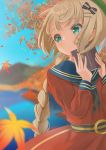  1girl aqua_eyes autumn autumn_leaves belt black_neckwear blonde_hair blue_sailor_collar blue_sky blurry blurry_background blurry_foreground book braid braided_ponytail commentary_request falling_leaves hair_ornament hair_ribbon hairclip highres holding holding_book leaf long_hair looking_to_the_side mountain neckerchief open_book original outdoors parted_lips partial_commentary red_serafuku ribbon rindou_ringdong sailor_collar sky solo standing tree upper_body very_long_hair water 