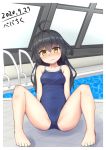  1girl ahoge bare_legs black_hair blue_swimsuit blush breasts competition_swimsuit crescent_moon dated embarrassed eyebrows_visible_through_hair hair_between_eyes highres indoors kantai_collection long_hair mikazuki_(kantai_collection) moon new_school_swimsuit one-piece_swimsuit pepatiku pool rei_no_pool school_swimsuit sitting small_breasts solo swimsuit water wavy_mouth window yellow_eyes 