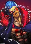  1boy abs absurdres angry blue_hair bodypaint cape claws closed_mouth collarbone cu_chulainn_(fate)_(all) cu_chulainn_alter_(fate/grand_order) dark_persona earrings facepaint fate/grand_order fate_(series) fur-trimmed_cape fur_trim hand_on_own_face highres jewelry looking_to_the_side male_focus monster_boy muscle red_eyes sharp_teeth skin_tight solo spiked_hair spikes teeth twitter_username type-moon udaruga 