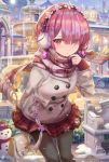  1girl bangs blush breasts earmuffs hair_ornament hair_over_one_eye hair_ribbon highres jacket large_breasts long_sleeves looking_at_viewer pantyhose pink_eyes pink_hair ram_(re:zero) re:zero_kara_hajimeru_isekai_seikatsu ribbon scarf short_hair skirt snowman thighs torino_akua x_hair_ornament 