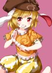  1girl animal_ears bangs barefoot brown_headwear bunny_ears cabbie_hat dango eating eyebrows_visible_through_hair food frilled_pants hat highres holding holding_food looking_at_viewer open_mouth orange_shirt pants pink_background red_eyes ringo_(touhou) ruu_(tksymkw) shirt short_hair short_sleeves simple_background solo touhou v-shaped_eyebrows wagashi yellow_pants 