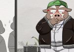  2020 anthro belly bottomwear clothing domestic_pig eyes_closed eyewear gatoggy glasses kemono male mammal overweight overweight_anthro overweight_male pants shirt smoking solo suid suina sus_(pig) topwear 