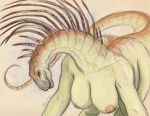  2020 anthro areola bajadasaurus breasts brown_body brown_eyes brown_scales caribou_(artist) digital_media_(artwork) dinosaur female nipples non-mammal_breasts nude reptile sauropod scales scalie simple_background smile solo spines tan_background 
