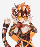  1girl adjusting_eyewear animal_ears arknights artist_name buckle commentary furry highres jewelry looking_at_viewer luzzylan messy_hair multicolored_hair pelvic_curtain ring simple_background solo standing strap sunglasses tabard tail tiger_ears tiger_girl tiger_tail upper_body waai_fu_(arknights) white_background 