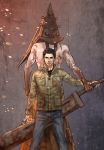  2boys absurdres alex_shepherd apron back-to-back blood bloody_clothes brown_hair cang_fade denim embers great_knife helmet highres jeans male_focus monster multiple_boys muscle pants pyramid_head silent_hill silent_hill:_homecoming sword weapon 