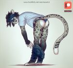  anthro black_hair blue_eyes butt clothed clothing felid grumpy hair male mammal pantherine panties pants_down partially_clothed rexwind snow_leopard solo spots_(marking) text underwear url 