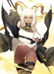  1girl :o animal_ears arknights arm_up ass_visible_through_thighs bare_shoulders beeswax_(arknights) belt black_jacket cowboy_shot curled_horns dark_skin dress dress_lift goat_ears goat_horns groin highleg highleg_panties highres holding horns jacket long_hair long_sleeves looking_at_viewer meth_(emethmeth) navel off-shoulder_dress off_shoulder open_clothes open_jacket open_mouth panties polearm short_dress short_sleeves solo standing stomach string_panties thigh_gap thigh_strap third_eye underwear weapon white_dress white_hair white_panties wind wind_lift yellow_eyes 