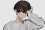  1boy bangs bishounen blue_eyes blush closed_mouth collarbone digital_thermometer fever gradient gradient_background grey_background grey_sweater hand_on_own_head hand_up highres long_sleeves looking_at_viewer male_focus original sick solo sweater thermometer upper_body vumiposu 
