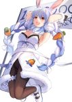  1girl :d animal_ears black_gloves black_legwear blue_hair braid breasts bunny_ears carrot_hair_ornament cleavage food_themed_hair_ornament fur_collar gloves hair_ornament highres hololive kyuu_(chiu850513) long_hair medium_breasts multicolored_hair open_mouth orange_eyes pantyhose playboy_bunny rabbit_girl shoes smile solo twin_braids two-tone_hair upper_teeth usada_pekora virtual_youtuber white_footwear white_hair 