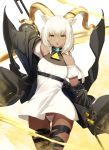  1girl :o animal_ears arknights arm_up ass_visible_through_thighs bare_shoulders beeswax_(arknights) belt black_jacket cowboy_shot curled_horns dark_skin dress goat_ears goat_horns highres holding horns jacket long_hair long_sleeves looking_at_viewer meth_(emethmeth) off-shoulder_dress off_shoulder open_clothes open_jacket panties pantyshot parted_lips polearm short_dress short_sleeves solo standing string_panties thigh_gap thigh_strap underwear weapon white_dress white_hair white_panties yellow_eyes 