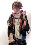  1boy black_jacket black_pants blonde_hair boku_no_hero_academia bracelet choker closed_mouth collarbone hand_up hood hood_down hooded_jacket jacket jewelry kaminari_denki long_sleeves looking_away male_focus naruse_(naru_224s) necklace pants ring shirt short_hair simple_background solo spiked_hair standing thumb_in_pocket watch white_background white_shirt wide_sleeves wristwatch zipper 