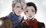  2boys black_hair blue_eyes brown_eyes cang_fade coat couple hair_over_one_eye highres katsuki_yuuri male_focus multiple_boys scarf silver_hair snowflakes striped striped_scarf viktor_nikiforov winter_clothes yuri!!!_on_ice 