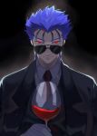  1boy absurdres alcohol alternate_costume blue_hair closed_mouth collared_shirt cu_chulainn_(fate)_(all) cup dress_shirt drinking_glass earrings fate/stay_night fate_(series) formal gloves glowing hair_down highres imchris jacket jewelry lancer looking_at_viewer male_focus necktie red_eyes shirt slit_pupils smile solo spiked_hair suit sunglasses type-moon vest wine wine_glass 