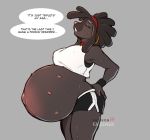  anthro aryn_(faizenek) belly big_belly big_breasts bodily_fluids bottomwear breasts canid canine canis cleavage clothed clothing domestic_dog english_text female hi_res hotpants hyper hyper_belly mammal multi_nipple nipples pregnant shorts solo speech_bubble sweat text the_dogsmith 