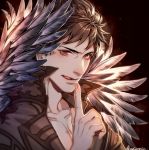  1boy belial_(granblue_fantasy) black_hair black_shirt cang_fade feather_boa finger_to_mouth granblue_fantasy highres licking_lips looking_at_viewer male_focus pectorals red_eyes shirt solo tongue tongue_out 