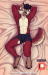  anthro black_clothing black_hair boxers_(clothing) canid canine canis clothing domestic_dog ear_piercing hair male mammal piercing red_body rexwind solo underwear 