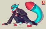  anthro clothed clothing felid feline lynx male mammal red_eyes rexwind smile solo text thick_tail url 