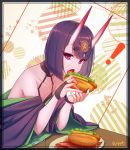  ! 1girl absurdres bangs bare_shoulders bob_cut breasts bridal_gauntlets collarbone cup eating eyeliner fate/grand_order fate_(series) headpiece highres horns hot_dog japanese_clothes kimono long_sleeves looking_at_viewer makeup off_shoulder oni oni_horns open_mouth plate purple_eyes purple_hair purple_kimono revealing_clothes sawarineko short_hair shuten_douji_(fate/grand_order) skin-covered_horns small_breasts wide_sleeves 