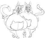  absurd_res animal_humanoid beepunz bell bell_collar big_breasts breasts cat_humanoid cate_(beepunz) cleavage_cutout clone clothing collar felid felid_humanoid feline feline_humanoid female group hi_res huge_breasts human humanoid hyper hyper_breasts keyhole_turtleneck macro male mammal mammal_humanoid monochrome mr._six_feet_tall simple_background size_difference smile standing sweater topwear 