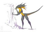  2020 agamid ambient_bird anthro avian bird cliff conditional_dnp drinking eyes_closed female frilled_lizard green_body green_scales jollyjack kaiju lizard plant reptile restricted_palette scales scalie solo waterfall yellow_body yellow_scales 