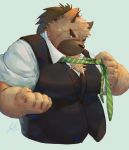  2020 anthro belly brown_body brown_fur canid canine canis clothing domestic_dog fenrir_shino fur hi_res humanoid_hands kemono male mammal necktie overweight overweight_anthro overweight_male scar shirt solo tokyo_afterschool_summoners topwear video_games yasuyori 
