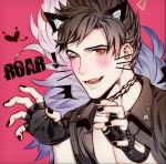  1boy belial_(granblue_fantasy) black_hair black_shirt blush cang_fade feather_boa fingerless_gloves gloves granblue_fantasy male_focus neck_tattoo paw_pose red_eyes shirt solo tattoo whisker_markings 