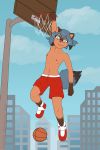  2020 2:3 anthro ball basketball basketball_(ball) basketball_hoop blue_hair blue_tail bottomwear brand_new_animal breasts brown_body canid canine casual_exposure city clothed clothing eddiew female full-length_portrait hair hi_res looking_at_viewer mammal michiru_kagemori nipples outside portrait raccoon_dog red_bottomwear red_clothing red_shorts shorts slam_dunk small_breasts solo studio_trigger tanuki topless 