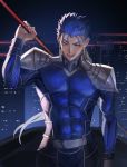  1boy abs armor blue_hair bodysuit building cu_chulainn_(fate)_(all) earrings fangs fate/stay_night fate_(series) gae_bolg grin highres holding holding_polearm holding_weapon jewelry lancer long_hair looking_at_viewer looking_up makitoshi0316 male_focus muscle night open_mouth outdoors pauldrons pectorals polearm polearm_behind_back ponytail red_eyes shoulder_armor skin_tight skyscraper slit_pupils smile solo spiked_hair type-moon weapon 