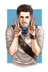  1boy bandana bandolier brown_hair cang_fade double_v facial_hair grin highres looking_at_viewer male_focus nathan_drake polo_shirt smile solo stubble uncharted uncharted_3 upper_body v 