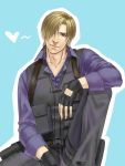  1boy blonde_hair blue_eyes blue_shirt cang_fade curtained_hair facial_hair fingerless_gloves gloves heart high_collar highres leon_s_kennedy looking_at_viewer male_focus resident_evil resident_evil_6 shirt solo spoken_heart stubble vest 