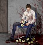  1boy absurdres blood_on_flower blood_on_ground blood_on_wall brown_eyes brown_hair cang_fade denim facial_hair flower henry_townshend highres jeans lily_(flower) looking_down male_focus pants silent_hill silent_hill_4 sitting solo stubble 