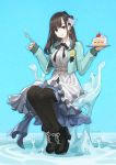  1girl absurdres artist_name belt black_bow black_footwear black_hair black_ribbon bow cake chain commentary_request earrings eating eyebrows_visible_through_hair food fork fruit hair_bow hanabasami_kyou highres holding holding_fork holding_plate jacket jewelry jun_(seojh1029) looking_at_viewer medal medium_hair neck_ribbon pantyhose pinky_out plate re:act ribbon sitting_on_water skirt sleeves_past_wrists solo sparkle sparkling_eyes strawberry strawberry_cake virtual_youtuber white_skirt 