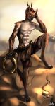  2020 5_fingers abs anthro black_claws brown_body claws clothed clothing digital_drawing_(artwork) digital_media_(artwork) fingers full-length_portrait hair hi_res horn hyaenid looking_at_viewer male mammal outside portrait red_hair simple_background solo spotted_hyena topless white_body yellow_eyes zenfry 