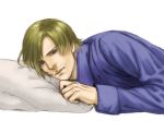 1boy blonde_hair blue_eyes blue_shirt cang_fade curtained_hair facial_hair highres leon_s_kennedy looking_at_viewer lying male_focus on_bed pillow resident_evil shirt solo stubble vest_removed 